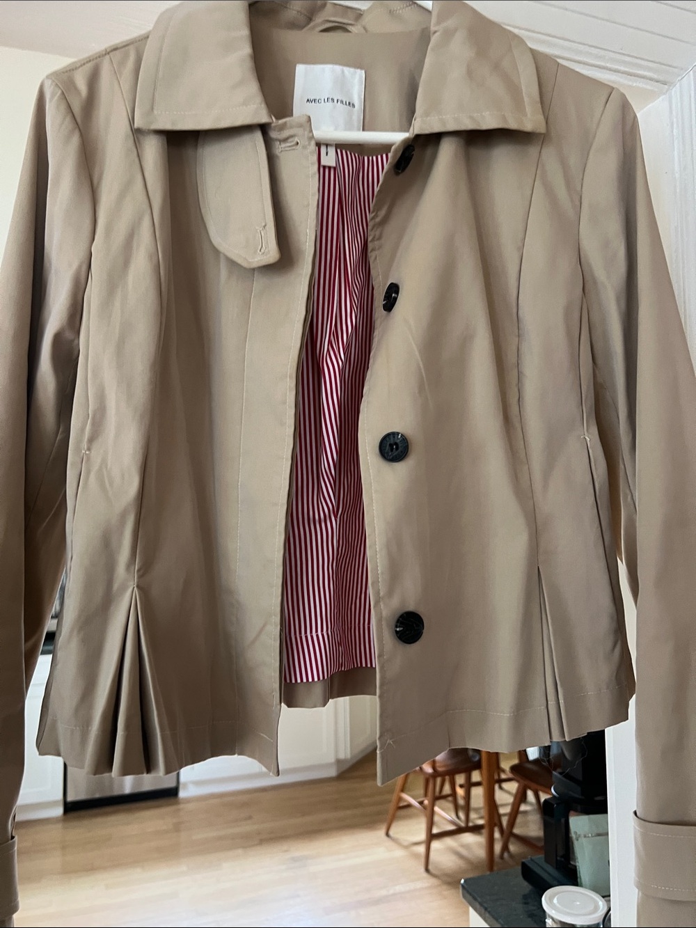 Avec Les Filles Tan Short Trench Jacket with Striped Lining